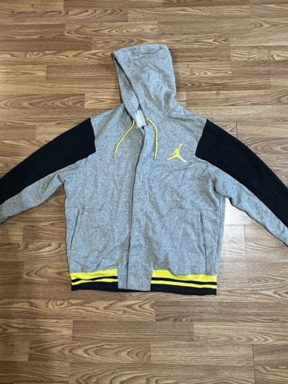 Y2K vintage Jordan Men's zip up Colorblock Fleece Hoodie Logo Gray Black Yellow